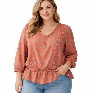 Sam Edelman Blouse Womens XL Orange Floral V Neck 3/4 Sleeve Ruffle Hem Top
